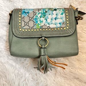 Green and Blue Crossbody Bag with Tassel Detail